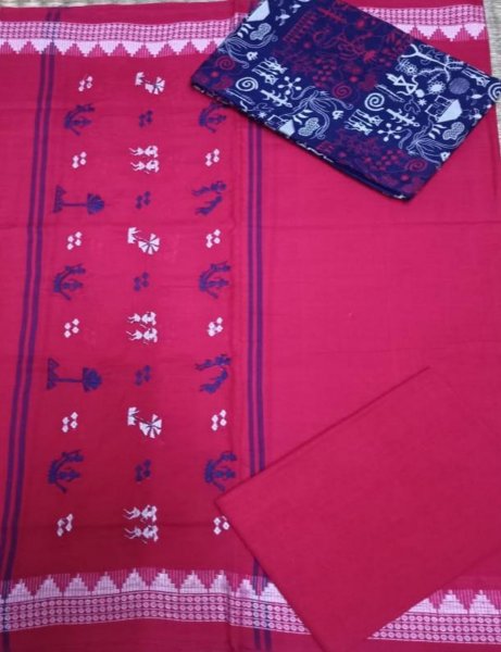 Red and Blue handwoven ikat salwar suit piece